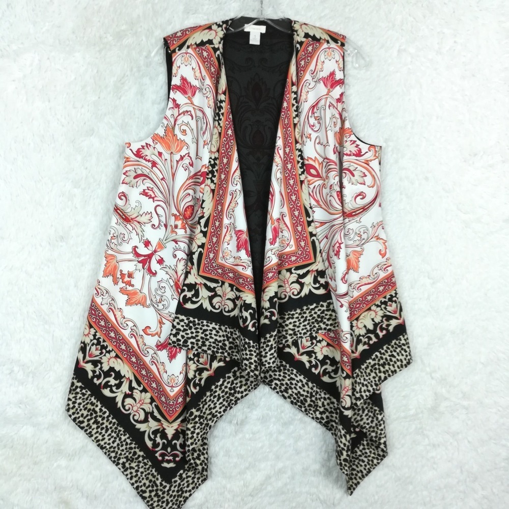 Chico's Womens Top Vest Scarf Open Front White Red Black Paisley Handkerchief M